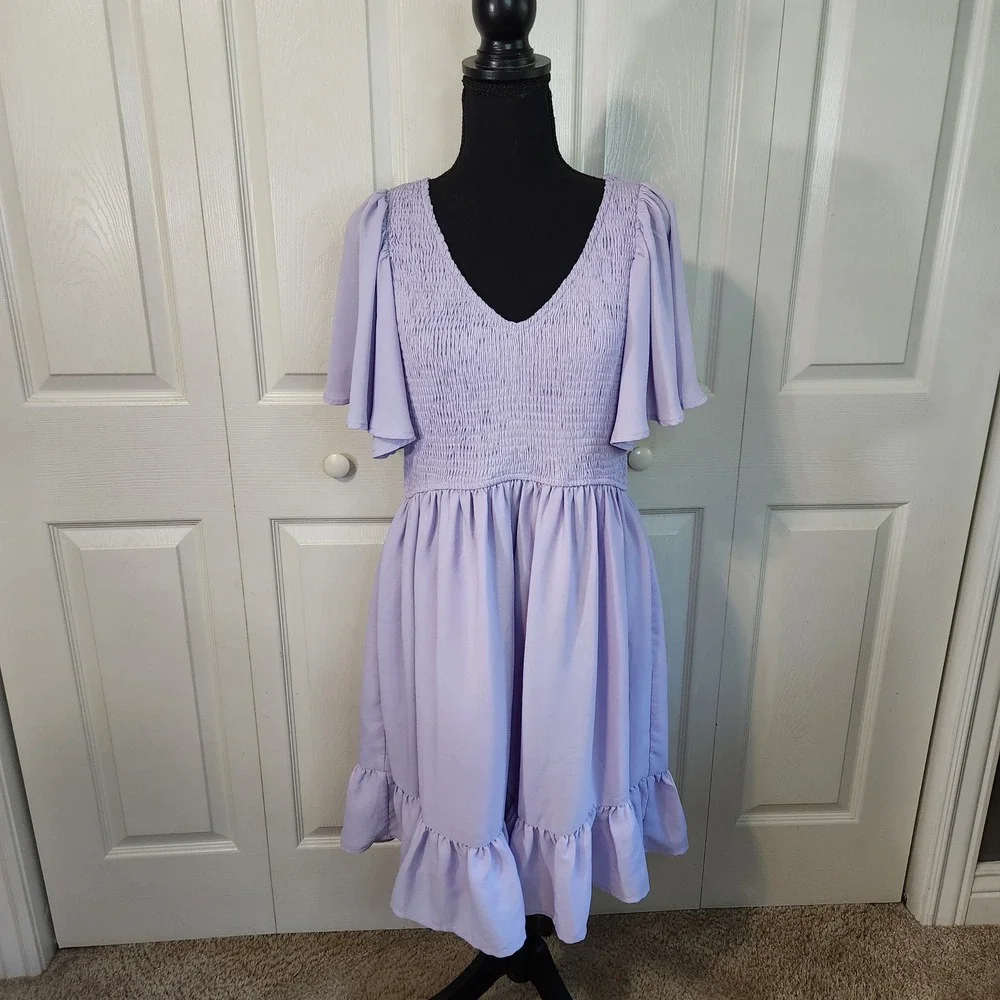 LILLUSORY Lavender Smocked Flutter Sleeve Ruffle Hem Dress XL V-Neck Pastel Boho